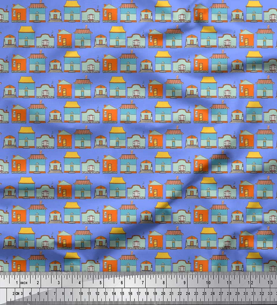 Soimoi Blue polyester Crepe Fabric House Architectural Printed Craft Fabric by the Yard 42 Inch Wide