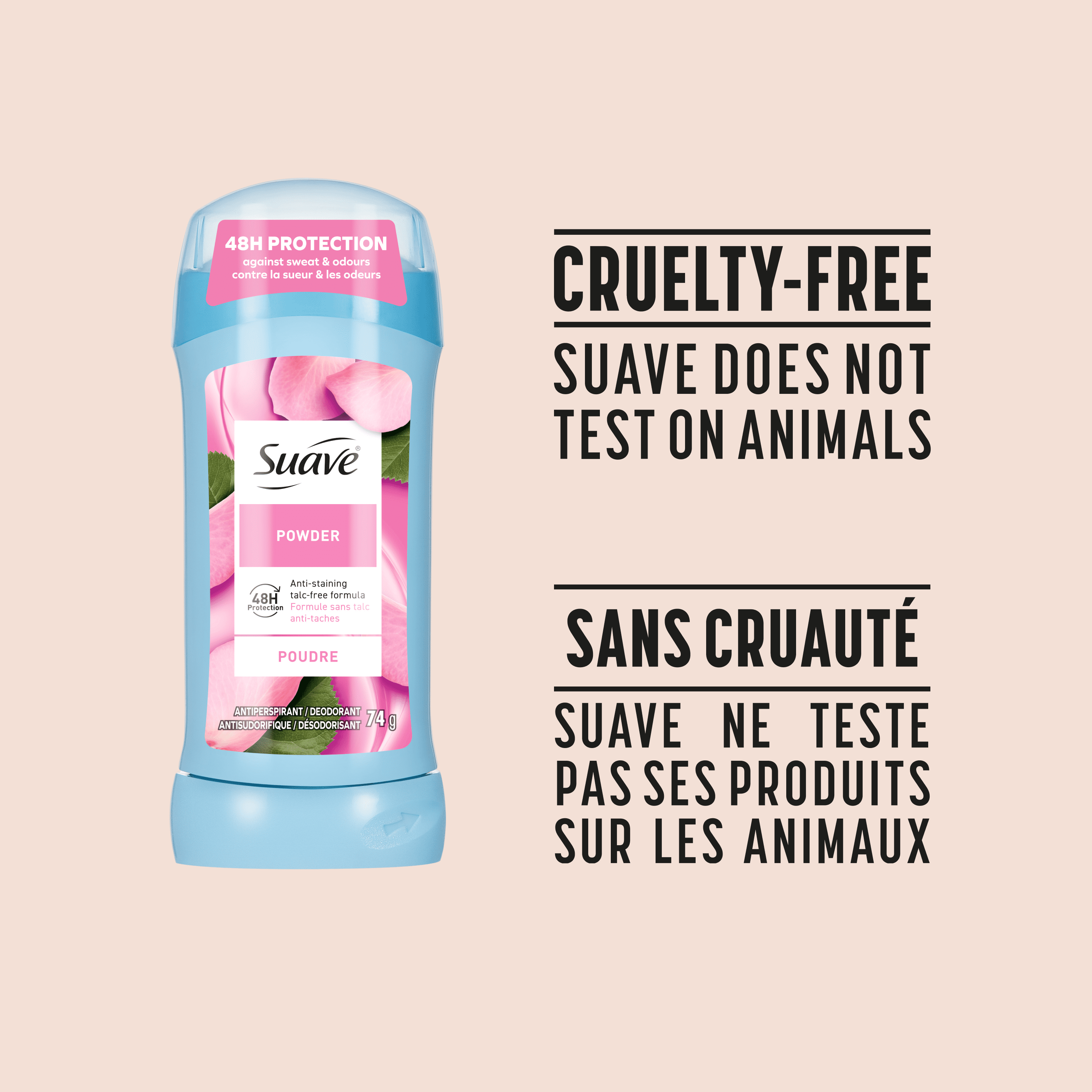 Déodorant antisudorifique Suave pour femmes, protection 48 heures, parfum de poudre, 74g