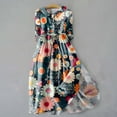 thumbnail image 2 of Pisexur Robes d'Été pour Femmes Mode Bohème à Imprimé Floral Robe Maxi Tunique Décontractée Taille Élastique Robe Soleil Col Rabattu Boutonnée Longue Robe Manches 3/4 Col en V Fluide Coton Lin Robe de Plage, 2 of 6