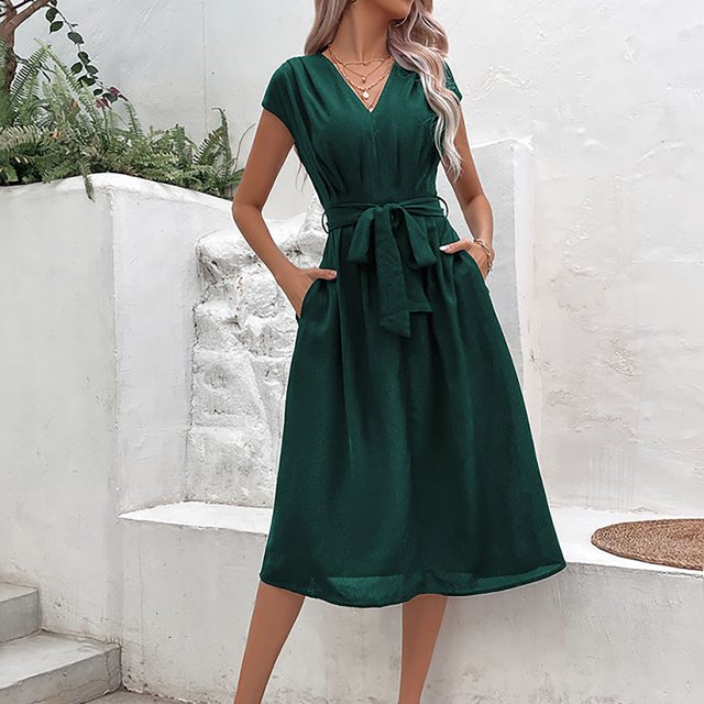Liquidation et Promo, Robe à Manches Courtes Ample à Col Rond pour Femme, Robe à Manches Courtes, Robe Ample à Col Rond, Robe à la Mode Essentiels du Quotidien/100 % Polyester, Vert, Sopatenor