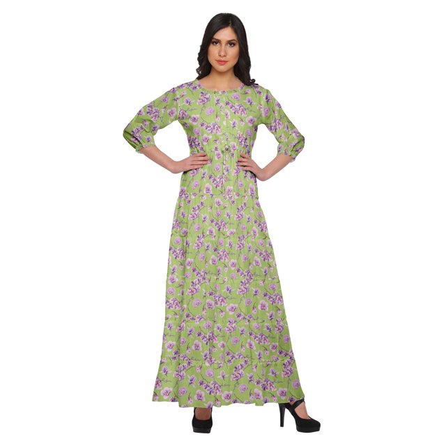 Moomaya Printed Round Neck 3/4 Sleeve Long Maxi Dress With Drawstring Waist