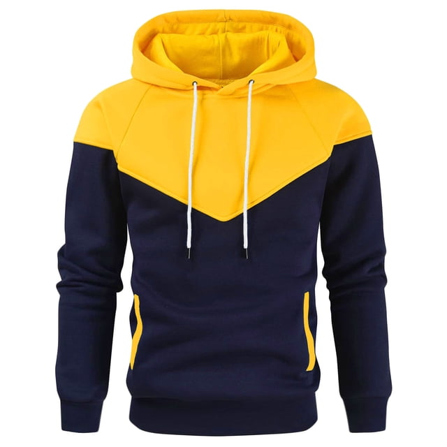 Yuyuzo Men Pullover Sweatshirts Long Sleeve Drawstring Hooded Sports Solid Color Patchwork Hoodies for Men