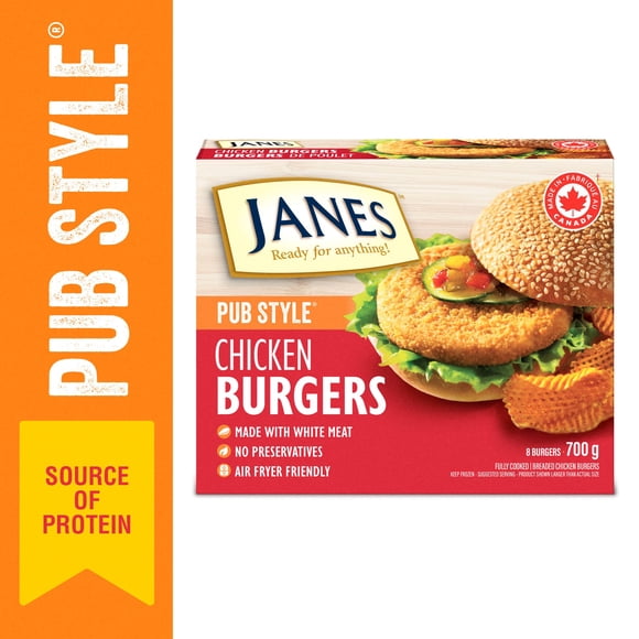 Janes® Burgers de poulet panés style pub, 700 g. Burgers de poulet panés entièrement cuits, préparés avec de la viande blanche de poulet. 700g
