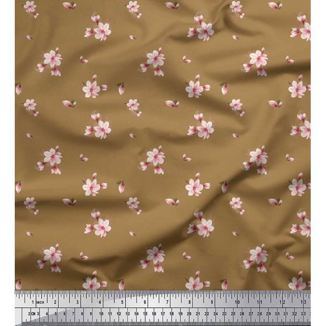 Soimoi Poly Georgette Fabric Leaves & Magnolia Floral Printed Fabric 1 Yard 52 Inch Wide