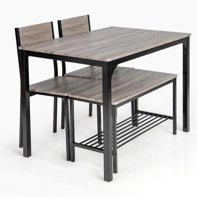 Giantex Dining Table Set for 4, Kitchen Table with 1 Bench and 2 Chairs, Modern Functional Desk Set for Bedroom Study Room, Grey