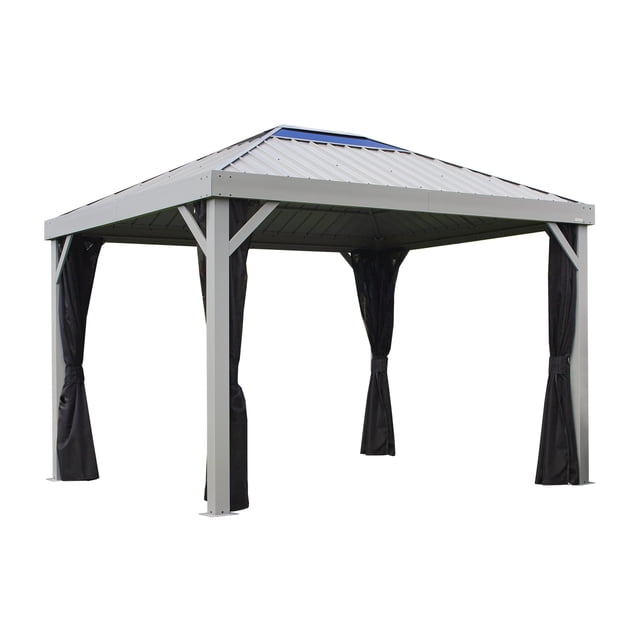 Sojag Skylight 10 x 12 x 10 ft light grey gazebo with rustproof aluminum frame and galvanized steel roof featuring polycarbonate skylight panels and black curtains tied at each corner, suitable for outdoor shade and insect protection.