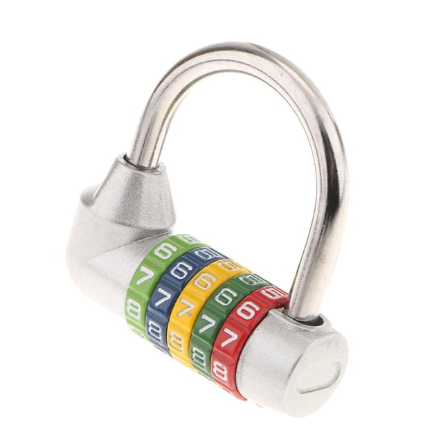 TISHITA Assorted Zinc Alloy 5 Dial Digit Combination Padlock with a random color design. The padlock features a 5-digit resettable combination mechanism with multicolored dials for easy identification. Made of durable zinc alloy, it measures approximately 6.5x6.5cm with a hook height of 4.5cm. Suitable for securing lockers, bags, or office supplies.