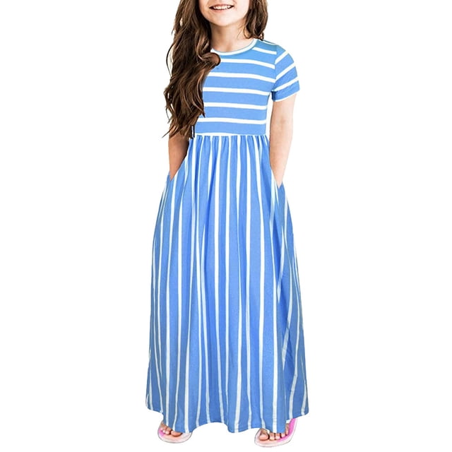 B91xZ Robe Midi Décontractée pour Tout-Petites Filles à Manches à Volants, à Étages, Évasée, avec Poches, Bleu 9-10 Ans