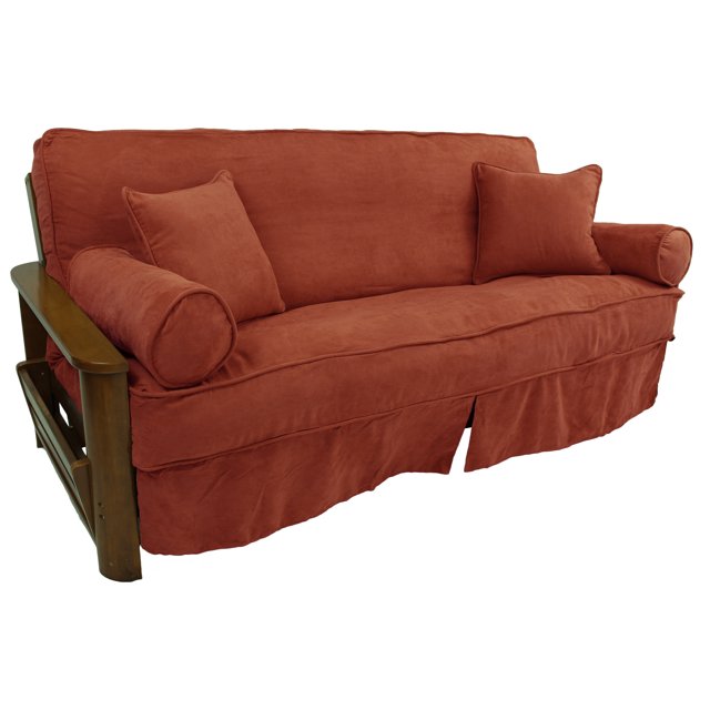 Ensemble de Housse de Futon Pleine Grandeur en Microsuède Uni à Double Cordon de 8 à 9 Po avec Quatre Coussins Décoratifs (Ensemble de 5) - Rouge Cardinal