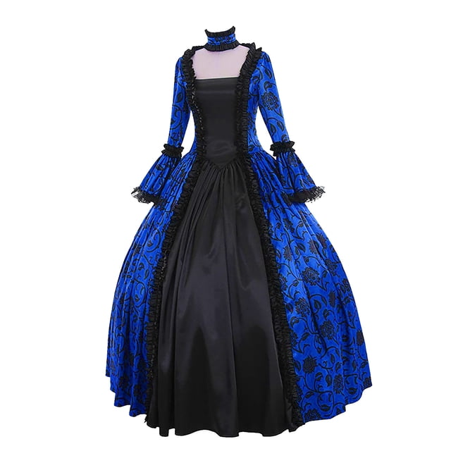 Robe Victorienne pour Femmes Costume d'Halloween Robe de Princesse Conçue dans un style Rétro de Cour avec Manches Évasées et silhouette de Robe de Bal vintage. la Robe Grande Taille Présente un Motif floral Noir et Bleu royal Frappant avec des accents à Volants. Fabriquée en Tissu polyester Léger, Elle Est Idéale pour le cosplay, les Événements à Thème Ou les occasions Formelles.