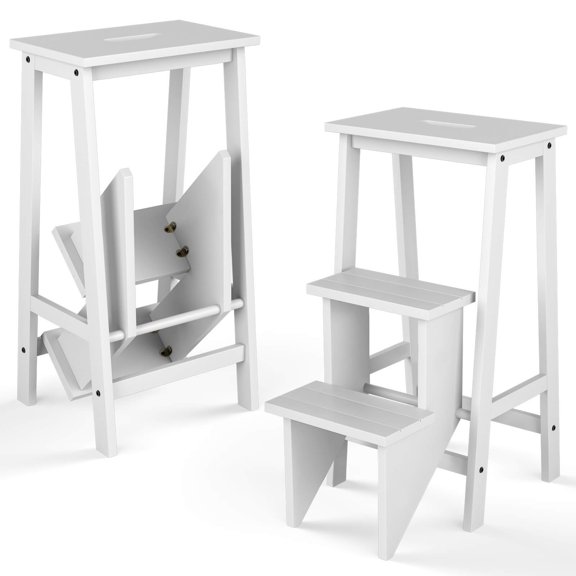 Costway Marchepied Marchepied à 3 Niveaux 3 en 1 Échelle Pliante Banc Étagère de Rangement Blanc