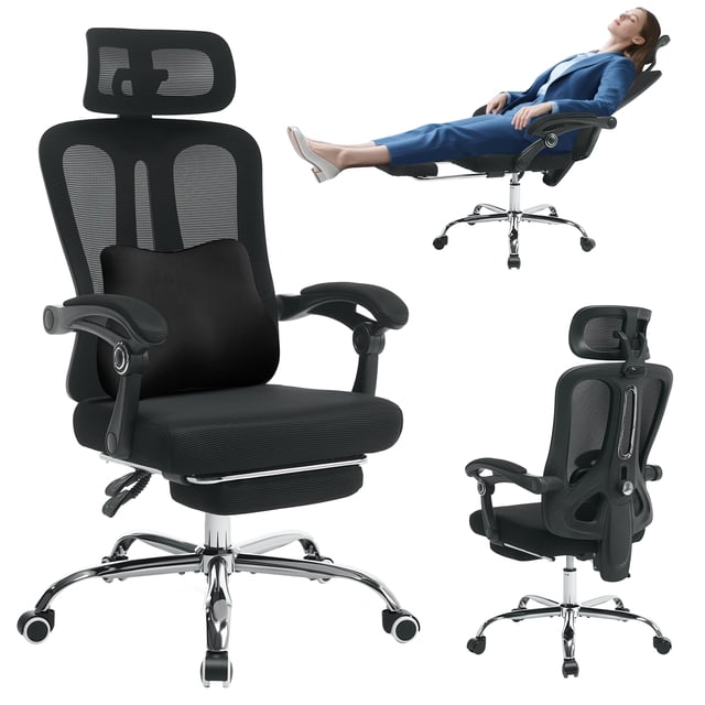 High Back Ergonomic Office Chair with Adjustable Headrest and Lumbar Support, Mesh Back & Retractable Footrest – Executive Desk Chair with Wheels for Home Office, Black