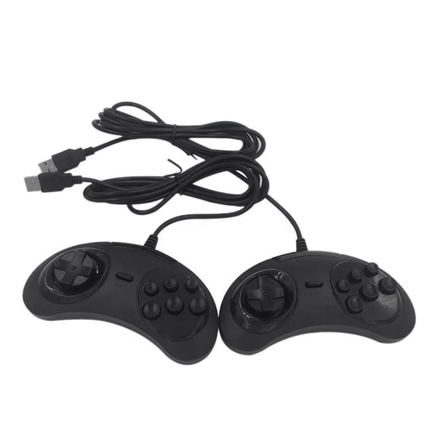 USB Gamepad Game Controller with 6 buttons, featuring a wired USB connection, designed for PC gaming and compatible with 16-bit games. The package includes two black ABS controllers with a retro design, each measuring 14 x 7 x 3.5 cm. Ideal for playing classic games on any PC system.