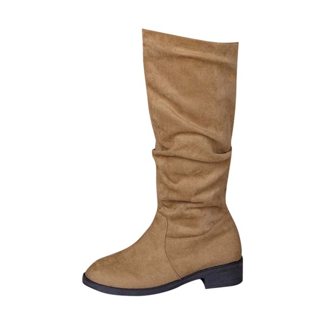 Wensltd Knee High Boots Women Round Toe Solid Color Block Heel Boots for Women Comfortable Mid Calf Boots