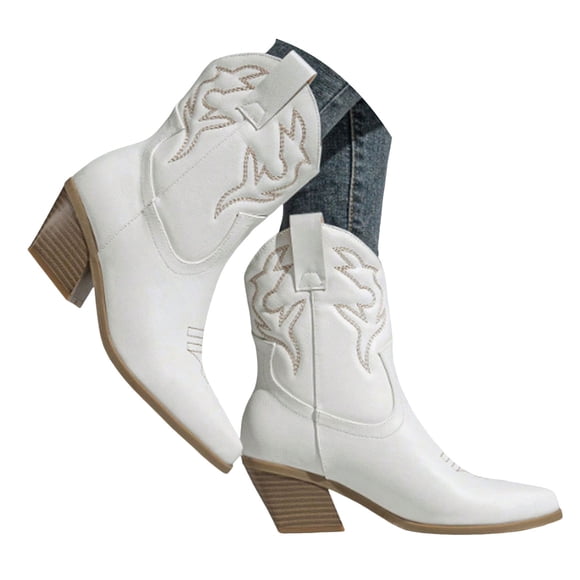 IUJSOY Cowboy Boots for Women Thicken Western Embroidery Pointy Toe Cowgirl Boots Mid Calf Boots