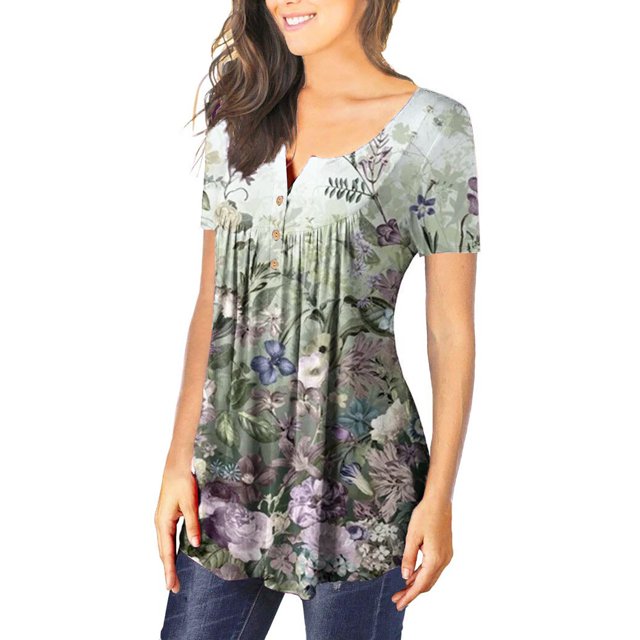 HKEJIAOI Femmes Élégant Imprimé Floral Pétale Manches Plissée Vacation Bureau Work Blouse Top