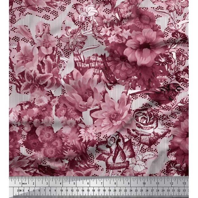 Soimoi Orange Rayon Fabric Stripe & Floral Decor Fabric Printed BTY 56 Inch Wide