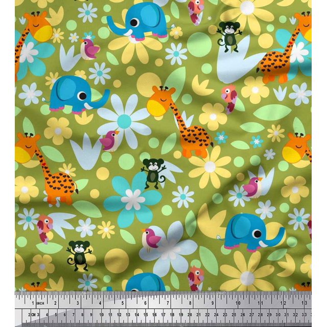 Soimoi Poly Georgette Fabric Floral,Bird & Animal Cartoon Print Fabric by The Yard 52 Inch Wide