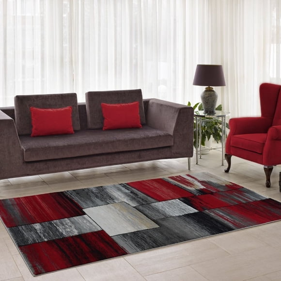 Ladole Rugs Red / Blue Grey Black Contemporary Geometric Design Modern Area Rug Carpet Approx. 3x5, 3x10, 4x6, 5x7, 8x10, 9x12 Feet