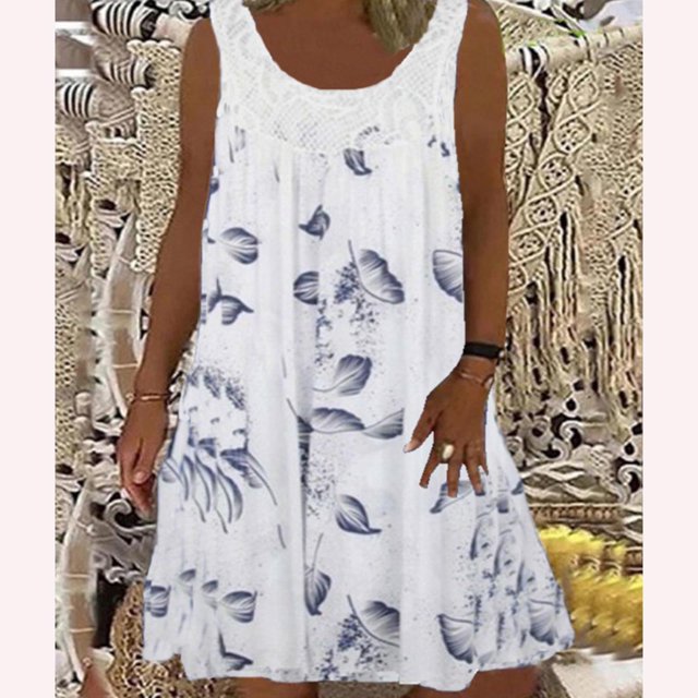 Mefallenssiah Femmes Printemps/été Col Rond Dentelle Patchwork Imprimé Robe Sans Manches en Vrac