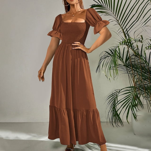 SMihono Robe Bohème d'Été pour Femmes Grande Taille Mode Décontractée d'Été Col Carré Uni Manches Courtes Femmes Robe pour Femmes Longues Robes