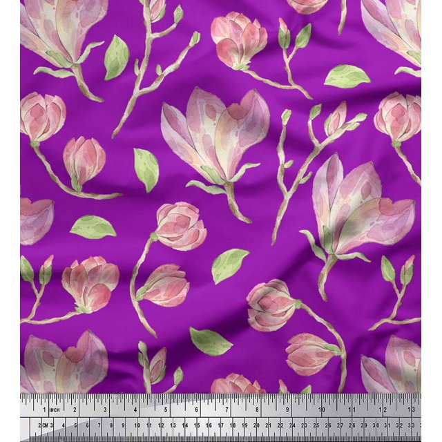 Soimoi Purple Rayon Fabric Leaves & Magnolia Floral Print Sewing Fabric Yard 42 Inch Wide