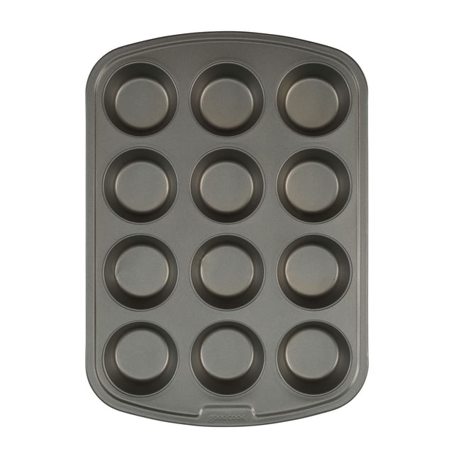 GoodCook Everyday Nonstick Steel Muffin Pan, 12 cup, Gray front-facing, 12-cup gray nonstick steel pan with twelve 2 3/4-inch (7 cm) round wells, wider handling lips on two sides and heavy-gauge construction; dishwasher-safe and PTFE/PFOA safe. Often used for cupcakes, muffins, single-serve quiches or mac-and-cheese bites.