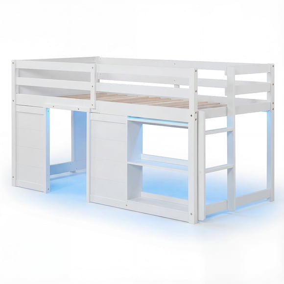 Gymax Twin Size Loft Bed w/ LED Lights 2 Doors Underbed Space & Shelves for Kids White