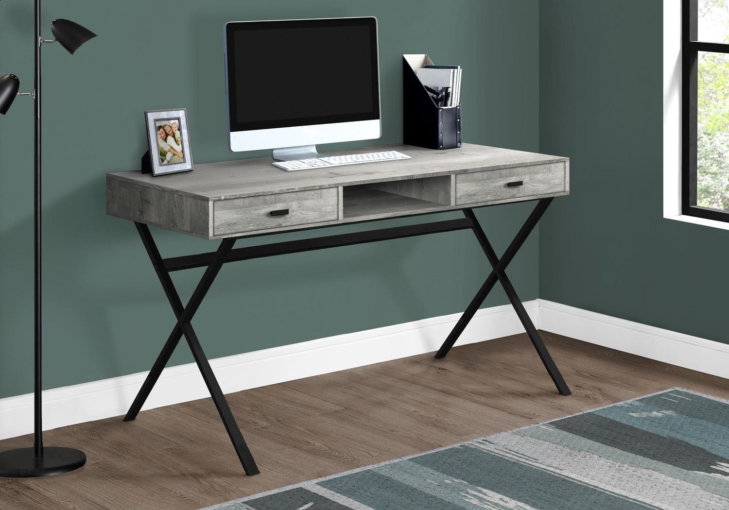 Monarch Specialties Computer Desk, Home Office, Laptop, Storage Drawers, 48"l, Work, Metal, Laminate, Grey, Black, Contemporary, Modern