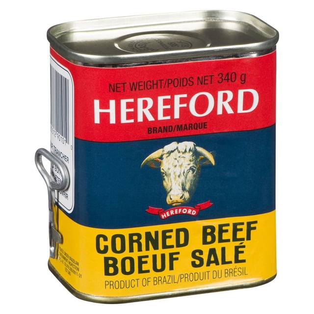 Hereford Corned Beef canned meat with a pull-tab lid, featuring a red, blue, and yellow label with a cow head logo. The 340-gram gluten-free product is labeled 'Corned Beef Boeuf Salé' and is a product of Brazil, suitable for various recipes like sandwiches and salads.