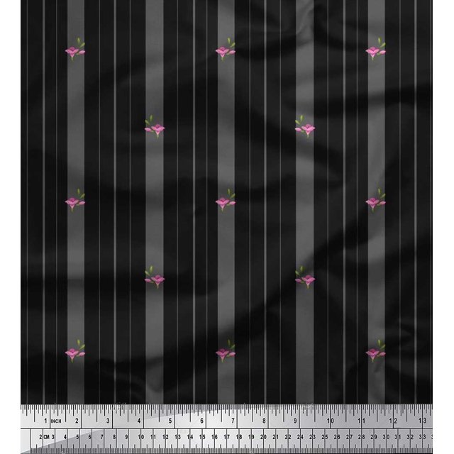 Soimoi Silk Fabric Artistic Floral & Stripe Decor Fabric Printed Yard 42 Inch Wide