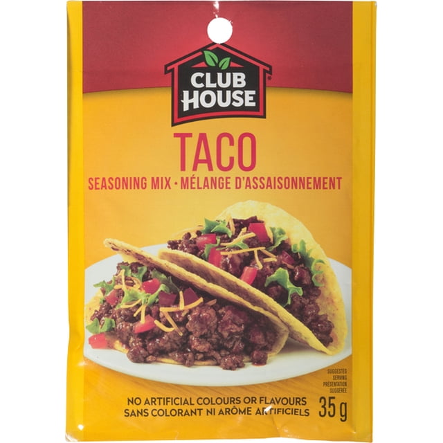 Club House, Dry Sauce/Seasoning/Marinade Mix, Taco, 35g packet with yellow and red packaging featuring the Club House logo and an image of two tacos filled with seasoned ground beef, lettuce, diced tomatoes, and shredded cheese on a white plate, with no artificial colours or flavours.