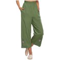 thumbnail image 2 of Womens Wide Leg Cropped Pants Cotton Linen Elastic High Waisted Palazzo Pants with Pockets Green, 2 of 7