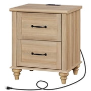 WAMPAT End Table Nightstand with USB Charging Station,Farmhouse Side Table for Living Room with 2 Drawers,Natural Wood Night Stand Bedside Table for Bedroom,Oak