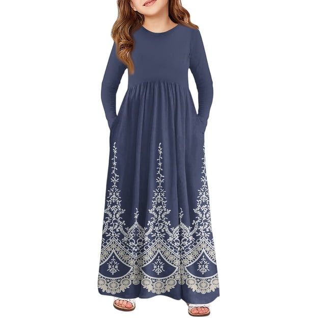 Teen Girls Tiered Maxi Dress, Solid Color Layered Ruffle Dress with Pockets, Bohemian Style for Party, Photo Shoot, and Holiday. 160Navy