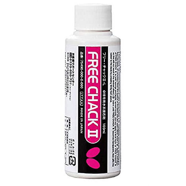 Butterfly Free Chack II Table Tennis Racket Glue in a 100 ml white bottle with a black and pink label. Designed for use with Spring Sponge rubbers like Tenergy and Dignics, this water-based adhesive ensures a strong bond between the rubber and wooden blade. The bottle features Japanese text and branding, emphasizing its easy application and removal properties.