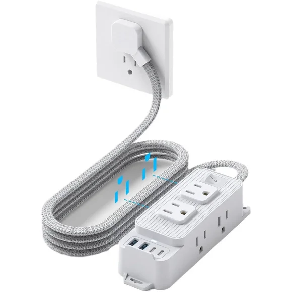 Power Strip Surge Protector - 6 Outlets and 4 USB (2 USB C), 5Ft Braided Cord with Ultra Thin Flat Plug, Wall Mount, 3-Side Outlet Extender, Compact for Travel, Cruise Ship, Dorm Room