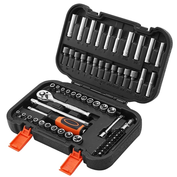 KFFKFF Socket Set, 70 Pieces, 1/4 inch Drive Socket and Ratchet Set, SAE and Metric, Deep and Shallow, Mechanic Tool Kit with Bits, Accessories