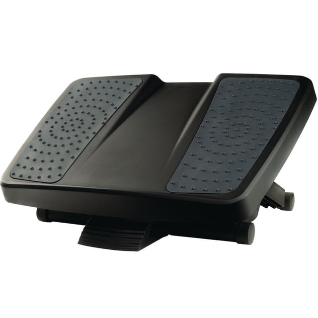 Fellowes Ultimate Foot Support with a free-floating black platform featuring two gray textured massage pads with raised bumps in spiral patterns, adjustable to three height settings and up to 25° tilt, designed to improve circulation and relieve lower back pressure in office settings.