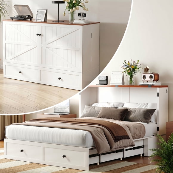 PUREMIND Queen Size Murphy Bed with Mattress, Murphy Cabinet Bed with Storage Drawer and Charging Ports for Bedroom/Guest Room, White