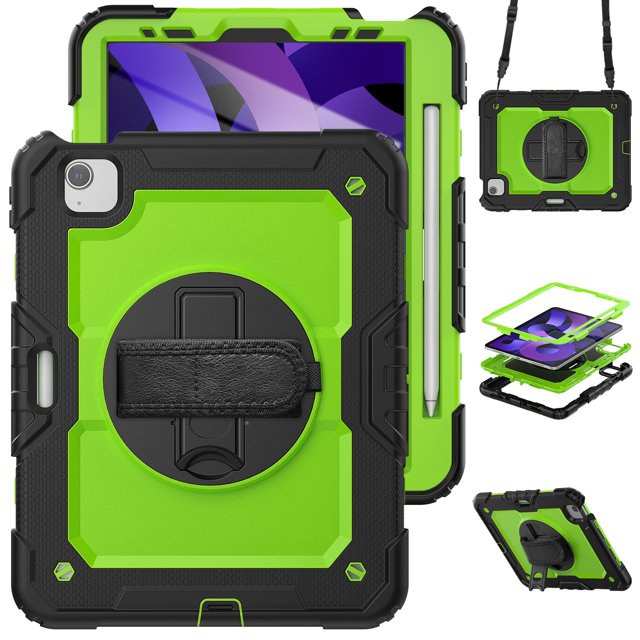 XYX For iPad Air 5th/4th Generation 10.9 inch 2022/2020 Case, 360 Rotating Shockproof Cover with Stand, Screen Protector, Shoulder Strap, Lime PC