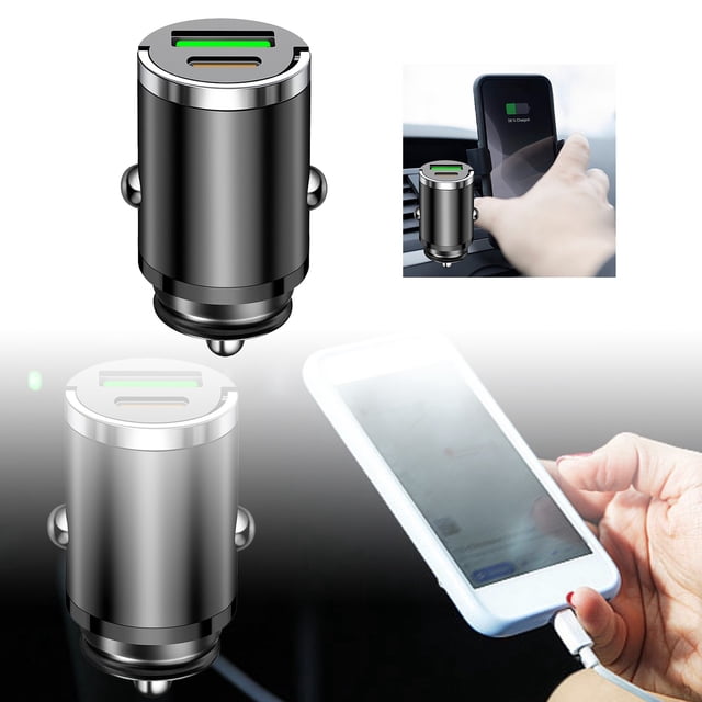 Fast Charging Car Charger, Mini USB Type-C Adapter with 2 ports, shown in a compact, cylindrical design with a metallic finish. Features a USB and Type-C port with green accents, suitable for charging phones and tablets. Includes a hidden light function for nighttime use and built-in safety features like overcharge and short circuit protection. The image also highlights its compatibility with car interiors and its ability to charge multiple devices simultaneously.