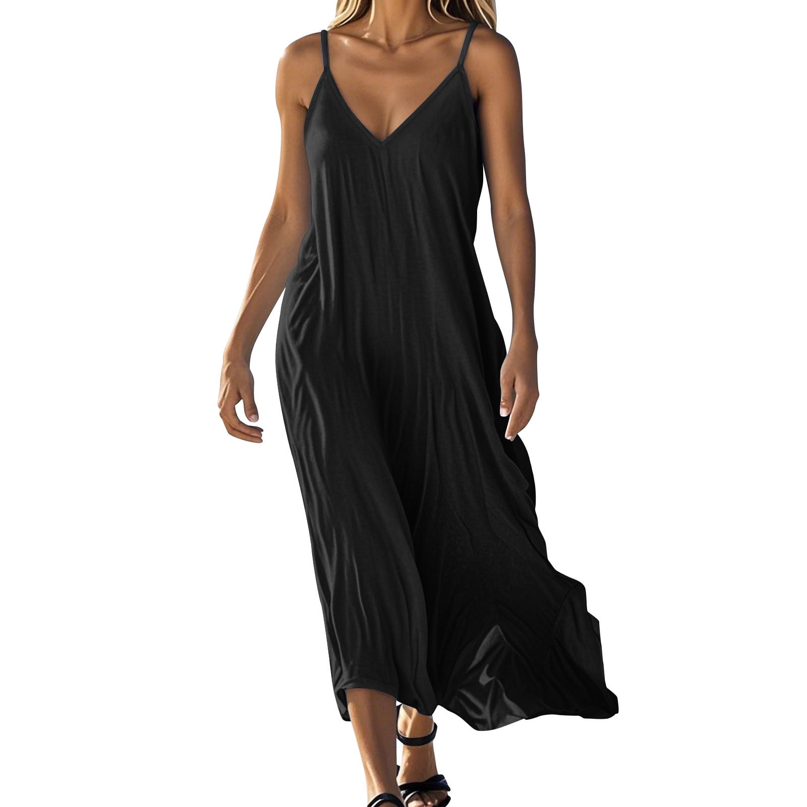 VEKDONE Robe d'Été Sans Manches en Coton et Lin Uni à Col en V pour Femme Jupe Noire P