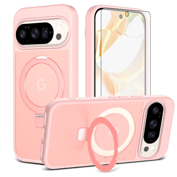 Asuwish Phone Case for Google Pixel 9/10/9 Pro/10 Pro 5G Tempered Glass Screen Protector Magnetic Bracket stand Translucent Shockproof Protective Cell Cover Pixel9 Pixel10 9Pro 10Pro Women Men Pink