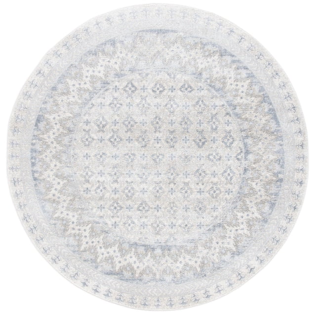 SAFAVIEH Brentwood Dolkar Abstract Geometric Area Rug, round with a close cut synthetic yarn pile, features a light blue and beige abstract geometric pattern. Ideal as an accent rug for traditional or transitional rooms, also suitable for layering over larger rugs.