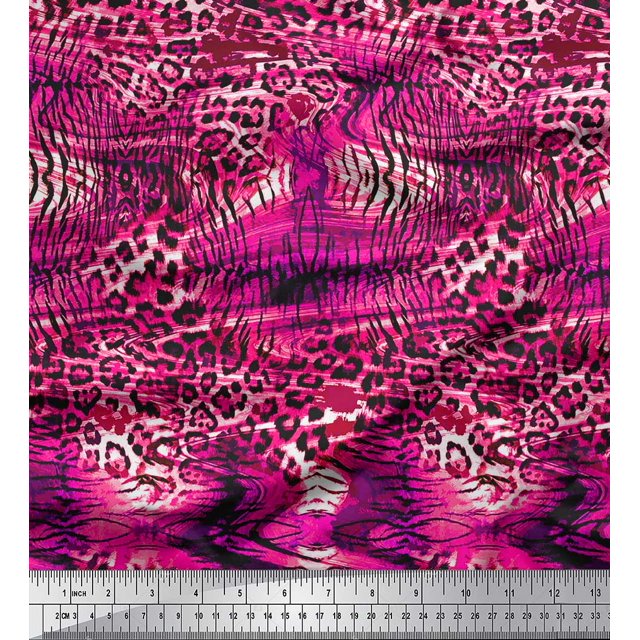 Soimoi Pink polyester Crepe Fabric Leopard & Tiger Animal Skin Decor Fabric Printed Yard 52 Inch Wide