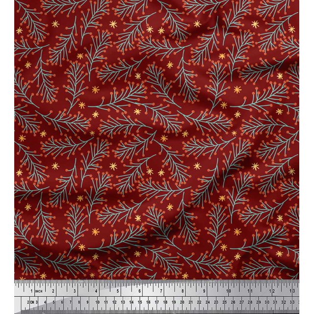 Soimoi Red Velvet Fabric Snowflake & Red Berries Fruits Print Sewing Fabric Yard 58 Inch Wide
