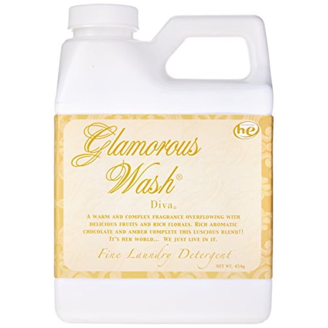 TYLER Glamorous Laundry Wash Detergent, Diva, 16 Ounce liquid detergent in a white bottle with a gold decorative label. Ideal for machine and hand washing, it is gentle on delicate fabrics and provides a long-lasting, soothing aroma. Suitable for linens, lingerie, and specialty fabrics.