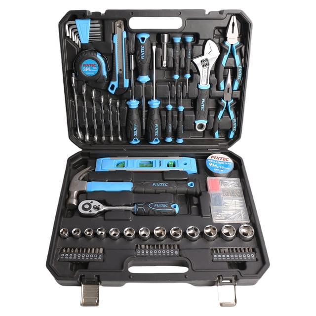 FIXTEC Home Repair Tool Set with 234 PCS, Carrying Case, FHTK234. This comprehensive tool set includes wrenches, sockets, screwdrivers, pliers, a claw hammer, a ratchet wrench, a spirit level, a measuring tape, and various bits and nails. Made of durable chromium-vanadium steel, the tools are corrosion-resistant and suitable for home, garage, and professional use. The set is organized in a heavy-duty, blow-moulded carrying case for portability and easy storage.