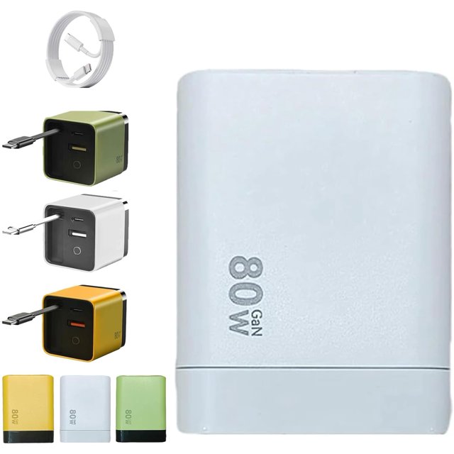 3 in 1 GaN Charger, Scalable 80w Max Fast Charger Module with Type C Cable and 2 USB Ports, Retractable Phone Chargers Wall Plug, Three Port Fastcharging, for Phone and Laptops (White)